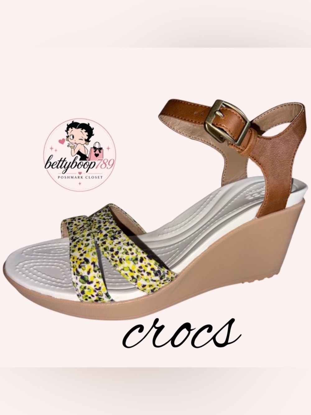 CROCS NWOT Women's Tan Wedge Sandals with Yellow Leopard-Print Straps